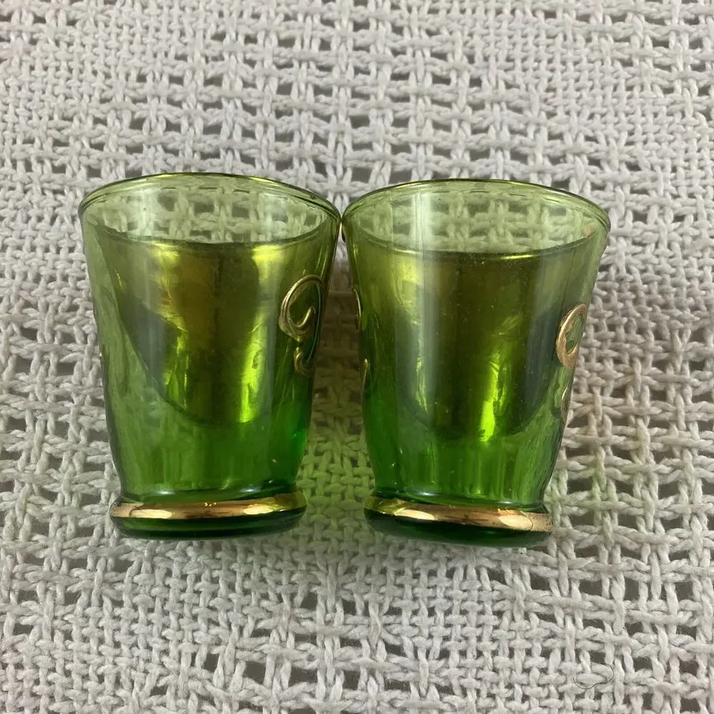 Venetian Italian Decanter Vintage Green and Gold Floral Stopper & 2 Shot Glasses